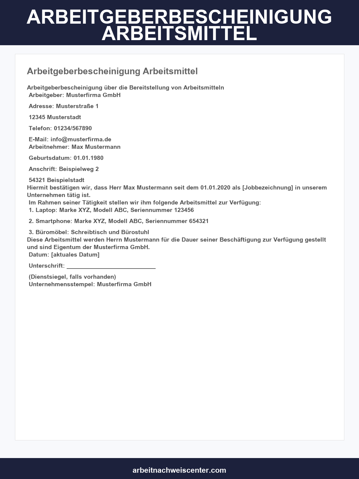 Arbeitgeberbescheinigung Arbeitsmittel Vorlage