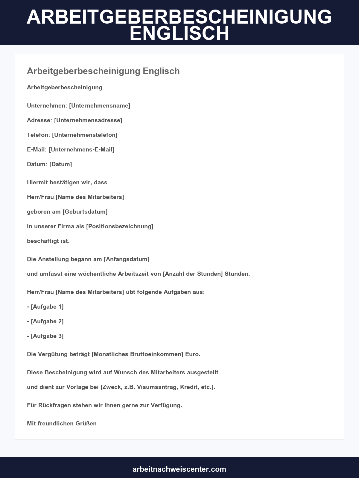 Arbeitgeberbescheinigung Englisch Vorlage