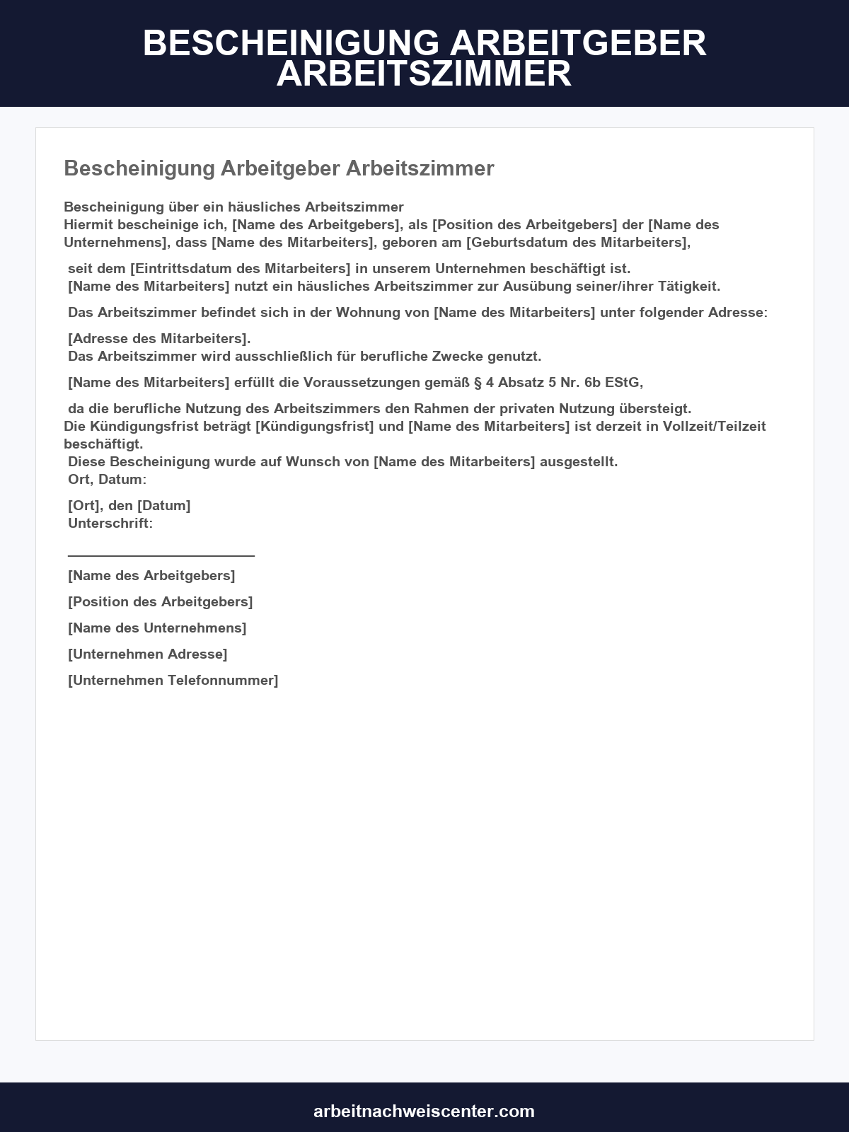 Vorlage Bescheinigung Arbeitgeber Arbeitszimmer
