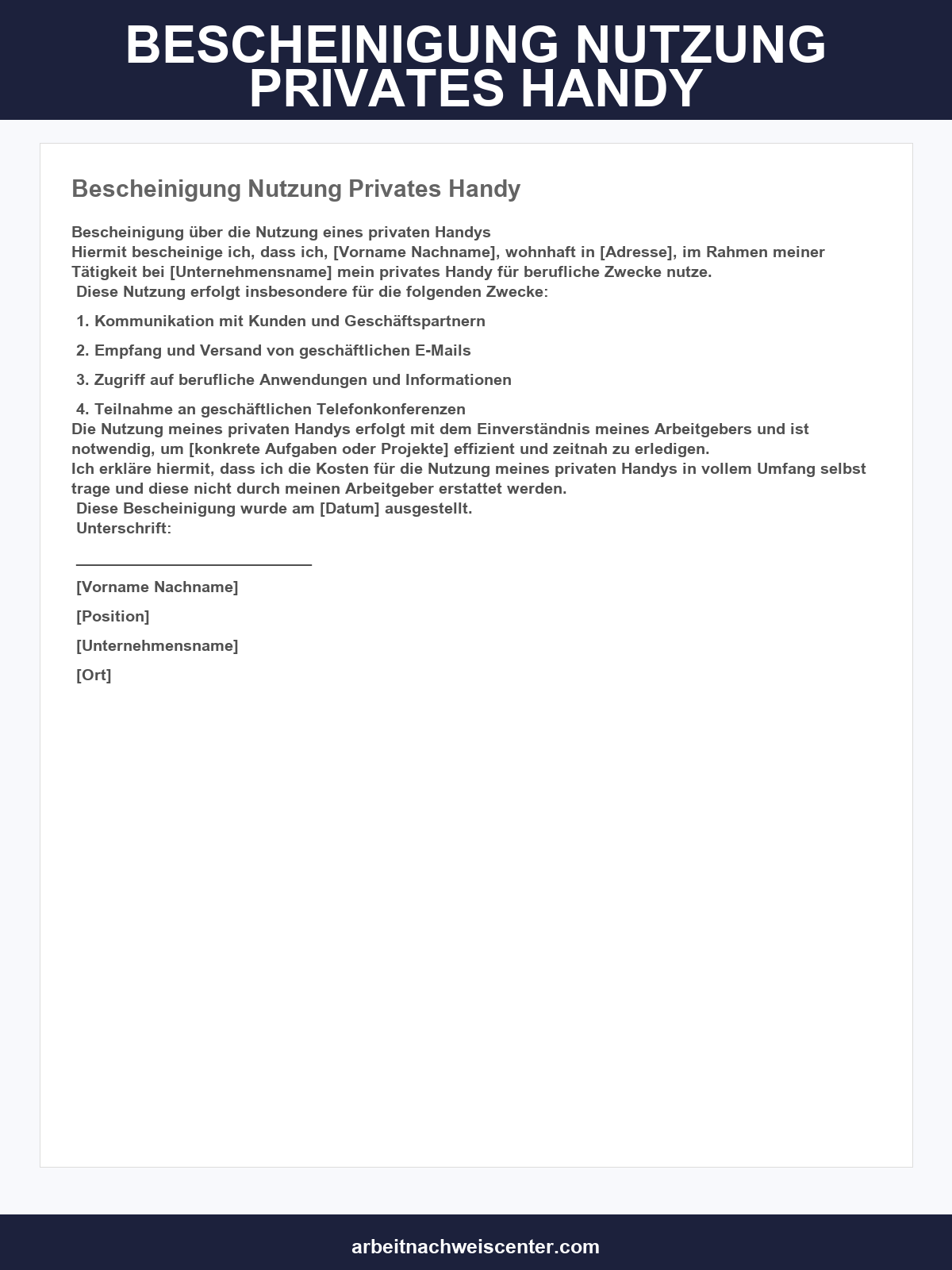 Bescheinigung Nutzung Privates Handy Vorlage