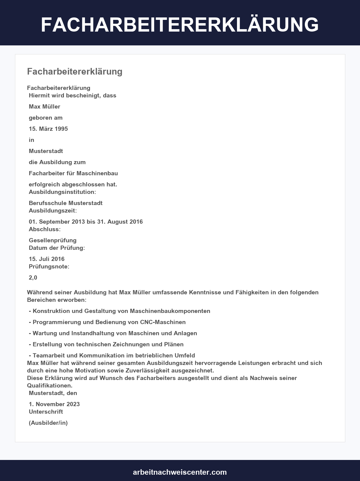 Facharbeitererklärung