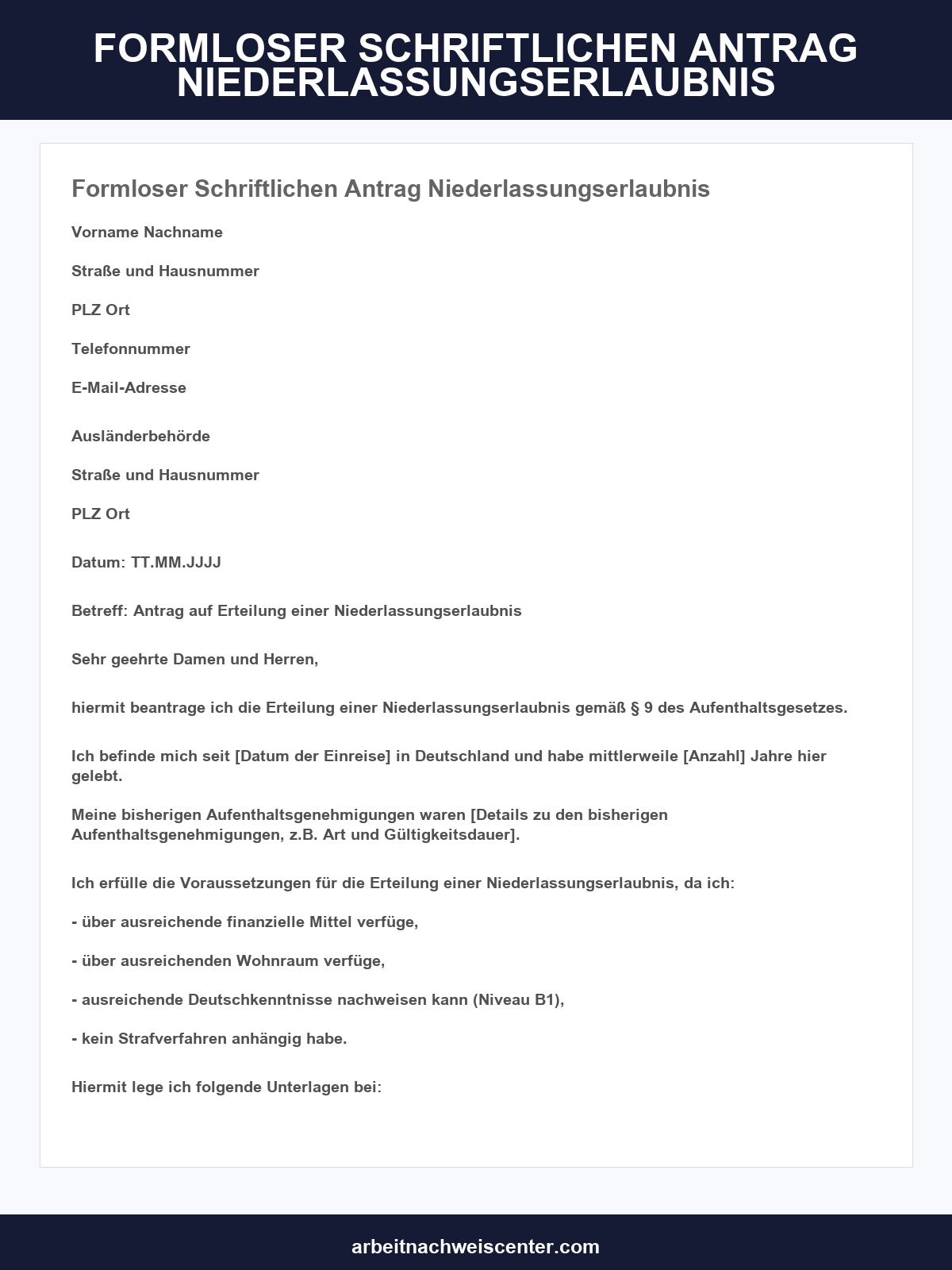 Formloser Schriftlichen Antrag Niederlassungserlaubnis