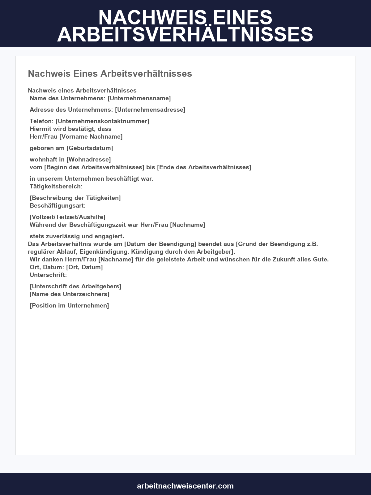 Nachweis Eines Arbeitsverhältnisses Vorlage