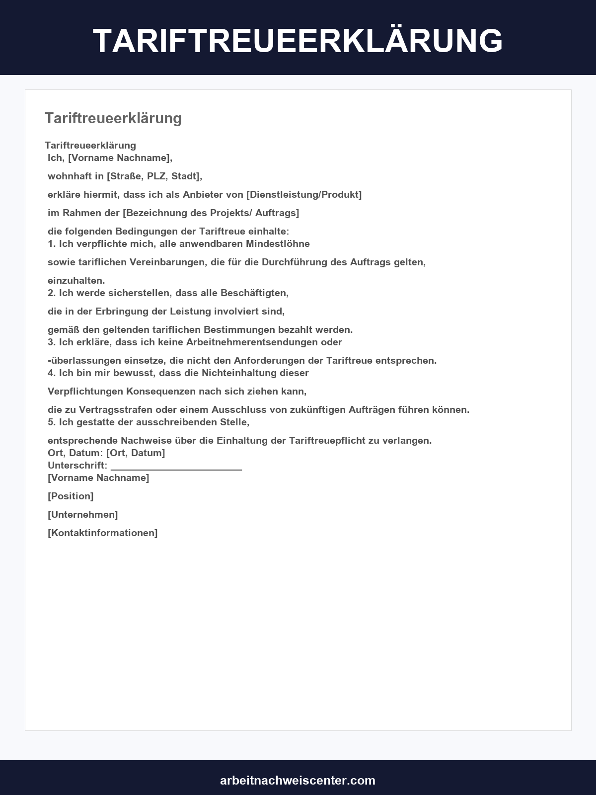 Tariftreueerklärung Vorlage